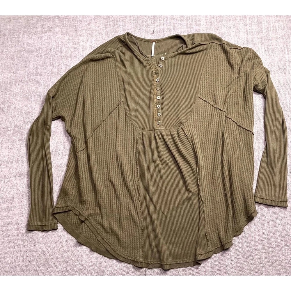Free People Tunic Top Women Medium Olive Green Ribbed Henley Long Sleeve Outdoor